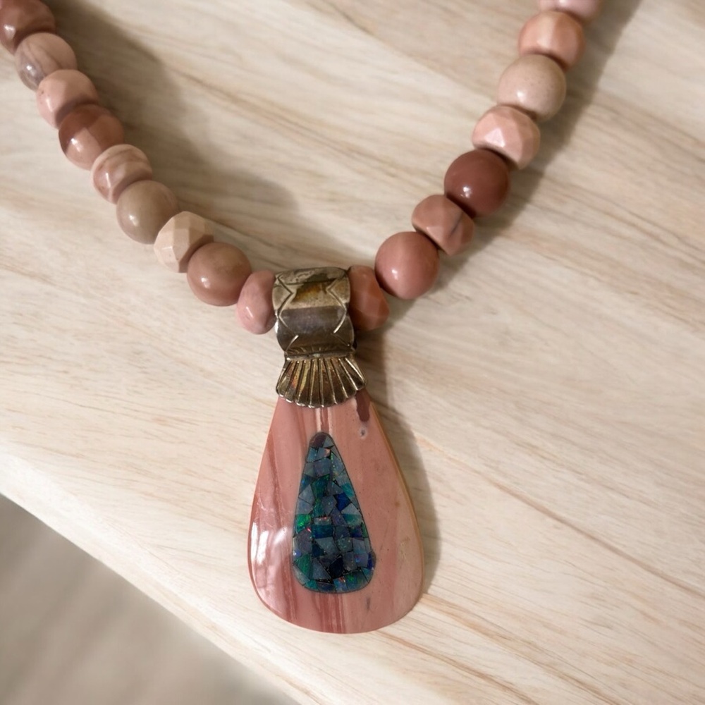 Pink Beaded Necklace with Blue Inlay Pendant FINAL
